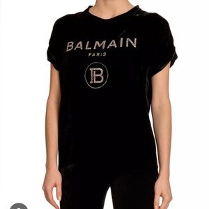 BALMAIN Black Velvet Glittered Logo Top Size 34 NWT